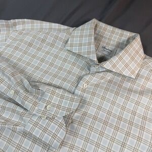 Stenströms Mens‎ Fitted Body Plaid Dress Shirt Blue Tan Twofold Stretch 17 43
